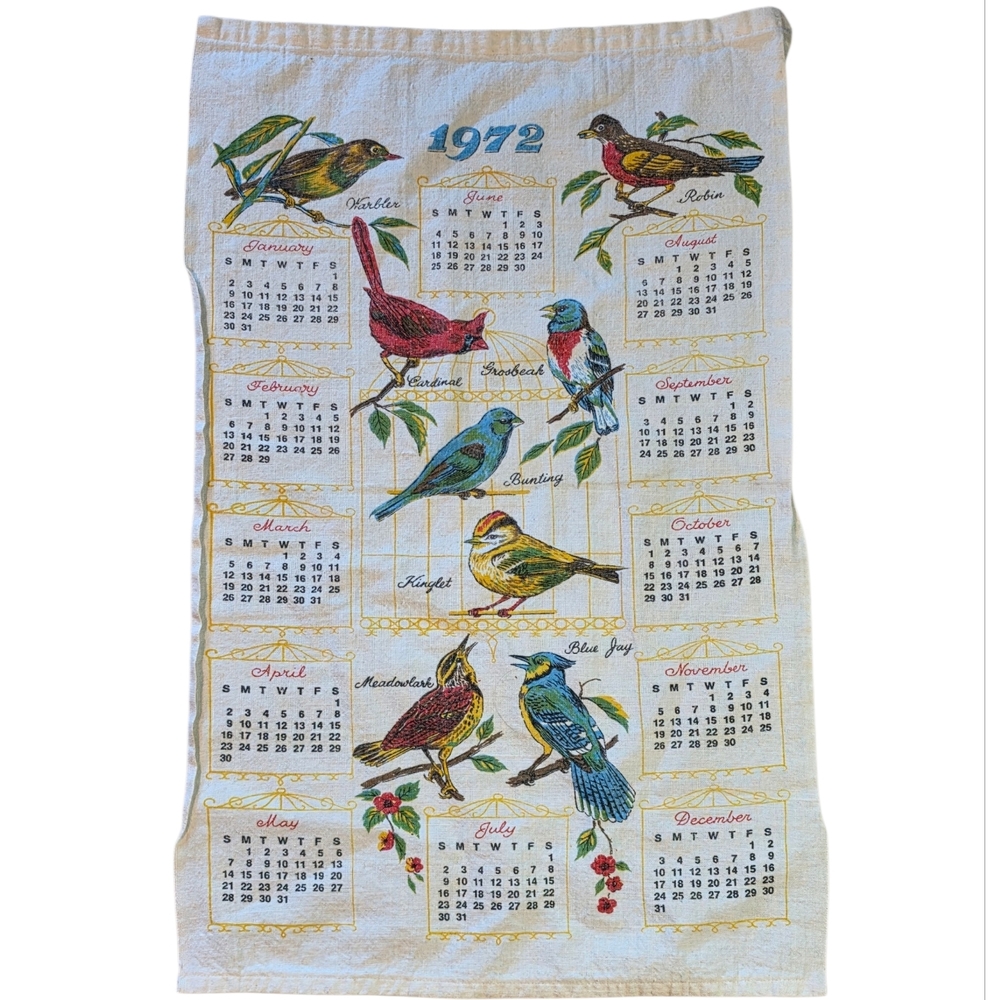 Vintage 1972 Songbirds Kitchen Linen Towel Calendar